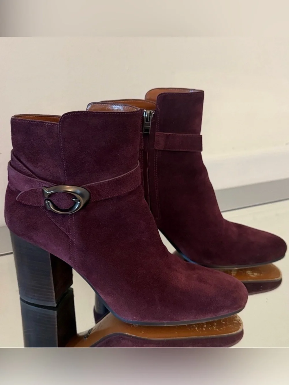 COACH Delaney Burgundy Suede Signature Buckle Ankle Booties Block Heel Size 9